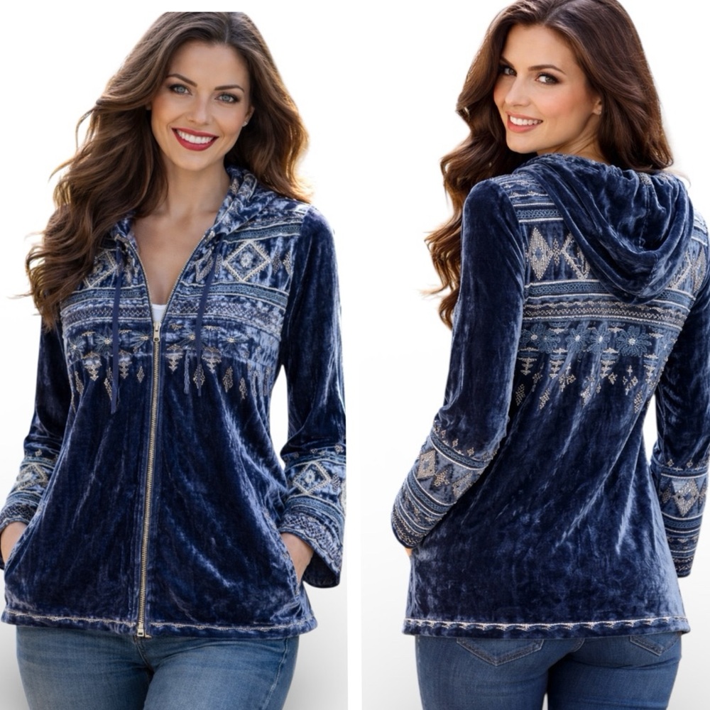 Johnny Was Frankie Aztec heavily embroidered velvet hoodie NWT